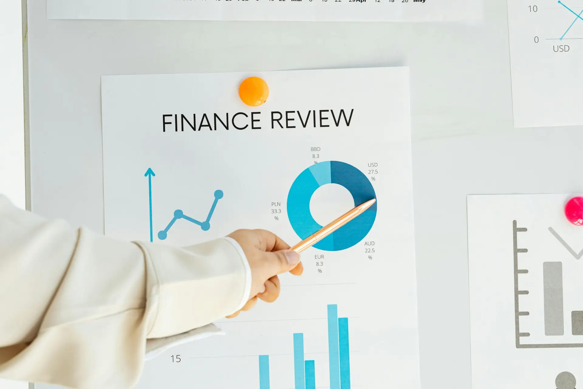 Close-up of hand pointing at finance report with charts and graphs on paper.